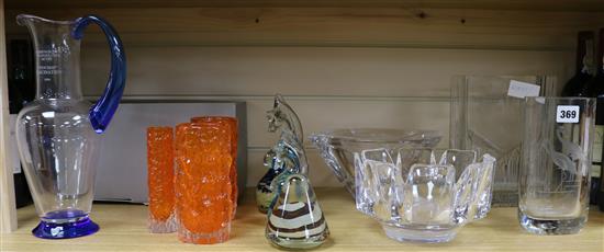 A group of Whitefriars tangerine glass vases, Orrefors glass and other Scandinavian glass and three Mdina paperweights